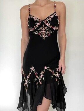 Y2K Fairy Silk Hankerchief Hem Rosettes Beaded Dress